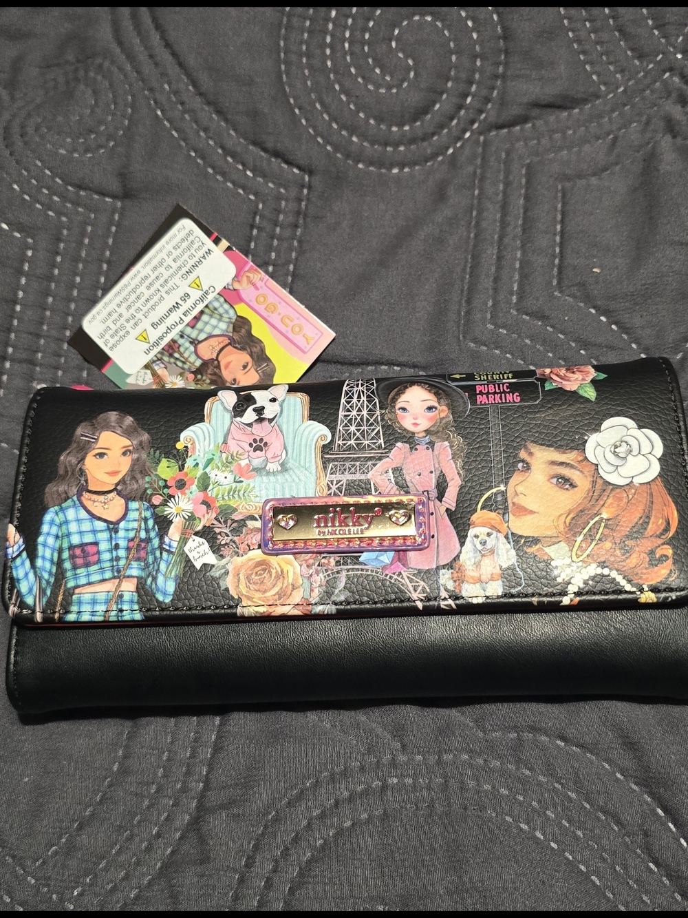 Nikky By Nicole Lee Wallet Clutch in Black with Multicolor Illustration
